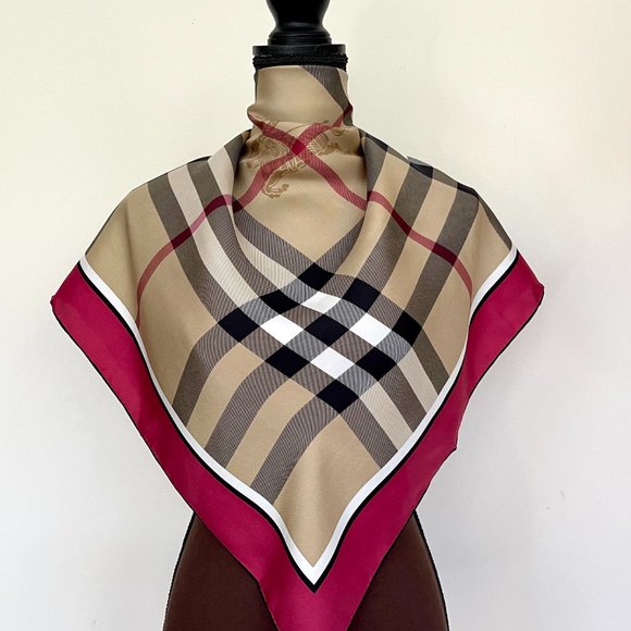 NWT Burberry Scarf Classic Beige Check Pattern Red Border Silk Scarf Wrap - Picture 2 of 13